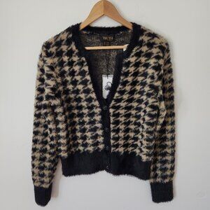 Truth By Republic Cardigan Sweater Black Beige Houndstooth Size M Women Fuzzy
